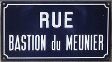 Old French street sign road plaque rue Bastion du Meunier miller's stronghold