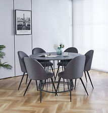 Dining Set, Grey Marble Round Table 120cm and 6 Grey Curved Back Dining Chairs