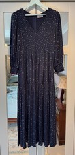Luella navy blue and gold foil print smocked mid/maxi dress, Size 10-12