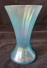 Art Deco John Walsh Blue Iridescent Wrythen Glass Vase 1930. 20.5cm signed@base