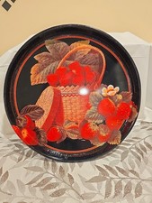 Vintage Strawberries In Basket Round Tin Serving  Tray