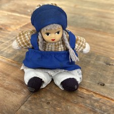 Vintage Small Porcelain Head Girl Doll in Blue Dress Purple Hair Z