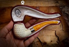 Apple Meerschaum, Silver Latticed Apple Meerschaum Pipe With Leathear Box