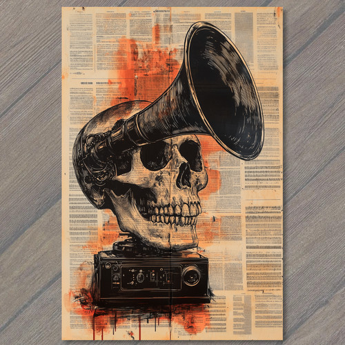 Postcard skull gramophone - postcard, horn