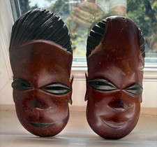 Vintage Pair 8" Carved Hard Wood African Face Masks 2 Set Male Female