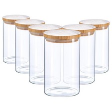6x Scandi Glass Storage Jars with Wooden Lids Kitchen Food Canister 1 Litre