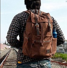 Vintage Unisex Casual Leather Backpack Canvas Rucksack Bookbag Satchel Hiking
