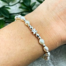 Freshwater Pearl Sterling Silver Stretch Beaded Stacking Bracelet With Star Bead