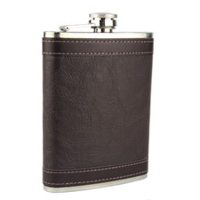 Brand New 8oz Brown Hip Flask Leather Effect Stainless Steel 