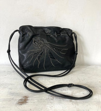 Vintage 80s Leather Handbag Black JANE SHILTON Cross Body Bag Applique Bow