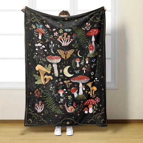 Mushroom print flannel blanket - mushroom,