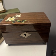 Vintage Japanese, Wind Up Musical , Wooden Jewellery Box hand painted flower 