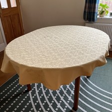 Gold Yellow Tablecloth Damask Jacquard Cotton Figured Oval Vintage  VGC