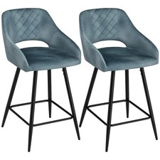 HOMCOM Bar Stools Set of 2, Velvet-Touch Fabric Counter Height Bar Chairs Blue