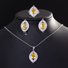 Yellow Oval CZ Pendant Necklace Earring Ring Jewelry Set for Women Fashion Party