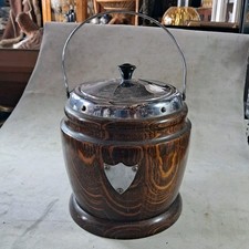 Vintage Wooden Ice or Biscuit Barrel, Porcelain Liner, Chrome Lid. Plain Shield