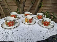 Vintage 1970's Midwinter Nasturtium Stonehenge Ware Set Of 6 Cups And Saucers