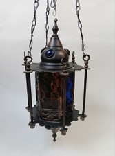 Hanging Bronze Moroccan Candle Lantern with Colourful Panels