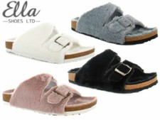 Ladies Ella Fluffy Slippers Sliders Faux Fur Buckle Footbed Comfort Soft Shoes