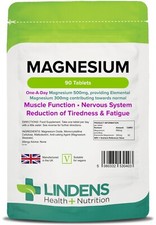 Magnesium (MgO 500mg) x 90 Tablets; Muscle Function, Fatigue; Lindens 