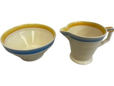 Grindley England Ceramic Creamer and Sugar Bowl Set Yellow Blue Trim Retro