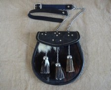 3 Tassel Leather Kilt Sporran Calf Skin Scottish Semi Dress Sporran + Belt/Chain