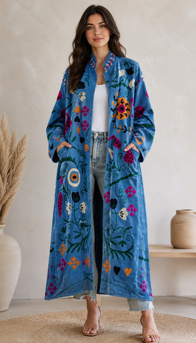 Women blue velvet - blue, floral