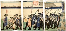 Edo period "Parade of the Emperor's Troops" woodblock print triptych Yoshifuji