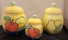 Set Of 3 Bella Yellow Ceramic Cookie Jar with Apple Pear and Grapes 