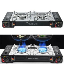 UK Portable Double Burner Gas Stove Camping Butane Cooker Barbecue Gas Cannister