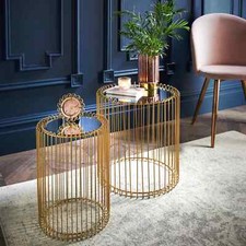 Nesting Set of 2 Round End Tables Wire Coffee Table Cage Mirrored Top Livingroom