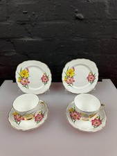 2 x Crown Regent Flowers Yellow Pink Tea Trios Cups Saucers and Side Plate Set