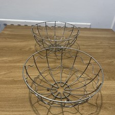 2X CHROME ROUND WIRE FRUIT BOWL | LARGE SILVER METAL KITCHEN FRUIT BASKET 23 Cm