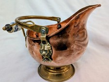 Vintage Small Copper Coal Scuttle Ash Bucket Brass Lions and Porcelain Handle
