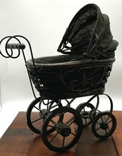 Antique Pram Doll Teddy Bear Small Still Wood Wicker Victorian Folding Hood