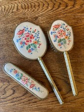 Lovely 3 Piece Vintage Embroidered Vanity Dressing Table Set Mirror & Brush