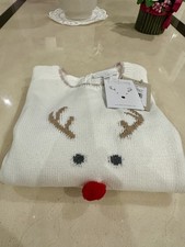 The Little White Company Organic Cotton Pom-Pom Reindeer Knitted Jumper 5-6Y NEW