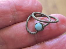 Stunning medieval/Tudor twin loop bronze ring with Turquoise stones intact L403
