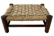 Vintage Wooden Footstool with Woven Rush Cord Seat – Rustic Farmhouse Stool