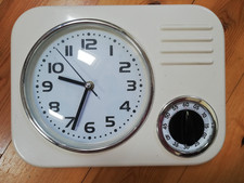 LARGE CREAM ENAMEL SHABBY CHIC KITCHEN WALL CLOCK WITH TIMER...NEXT DAY POST
