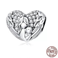 💖 Angel Wings Charm Mother Baby Child Genuine 925 Sterling Silver Bead CZ 
