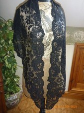 Large Antique Victorian black  triangular lace shawl/cape/stole  76" x 21" deep