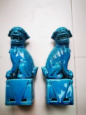 Vintage Pair Of Foo Dogs Turquoise Ceramic