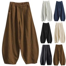Women Cotton Linen Boho Elastic Waist Long Trousers Loose Harem Pants Size 8-20