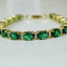 Yellow Gold Emerald Green Oval Cut Created Diamond Alternating Bracelet