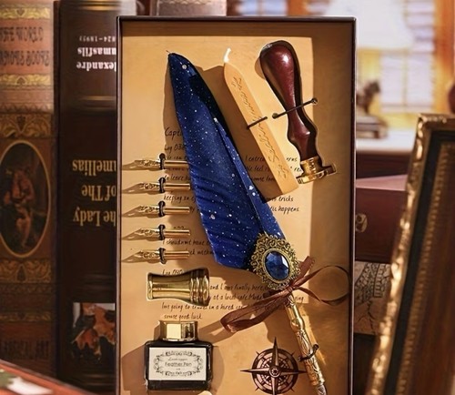 Blue quill pen and ink - pen, set