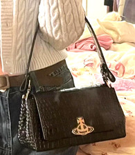 NWT Vivienne Westwood Hazel ② Shoulder Bag Black Crocodile Pattern Leather