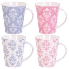 Set Of 4 New Bone China Mugs Blue And Pink Coffee Tea Cups Retro Traditional