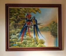 Vintage Oil Painting Parrots Tropical Birds Signed