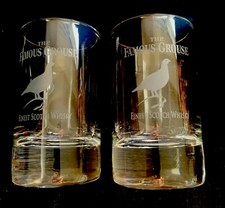Pair FAMOUS GROUSE Etched Whisky Tumbler Large Shot Nip Glasses Pristine Rare
